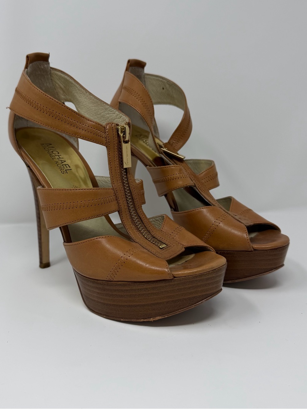 Michael Kors Cognac Leather Platform Zip-Heel Sandals